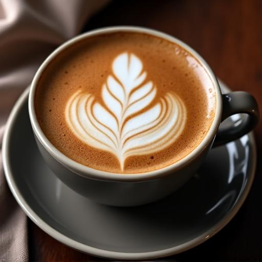 Eine Tasse Cappuccino mit kunstvollem Latte Art in Form eines Blattes.